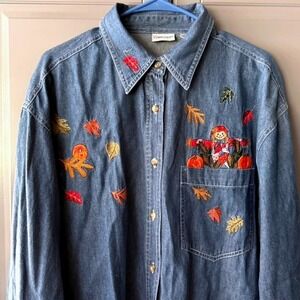 Cabin Creek Vintage Fall Embroidered Scarecrow Pumpkin L/S Denim Shirt, Blue, 22